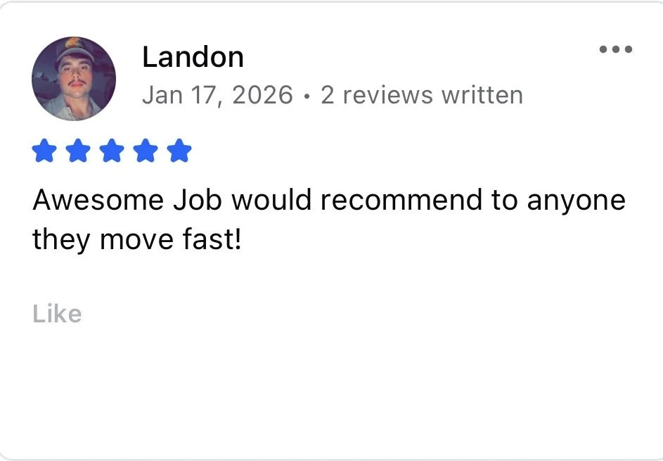 A screenshot of a positive customer review from Landon, posted on January 17, 2026, with a 5-star rating, praising fast service and recommending the job to others.