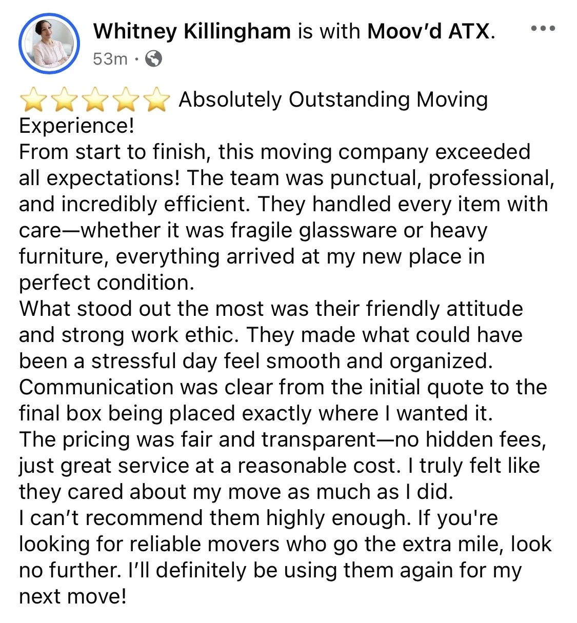 Screenshot of a Facebook review praising a moving company's service.