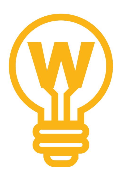 A logo featuring a lightbulb with the letter 'W' inside, all in yellow on a black background.