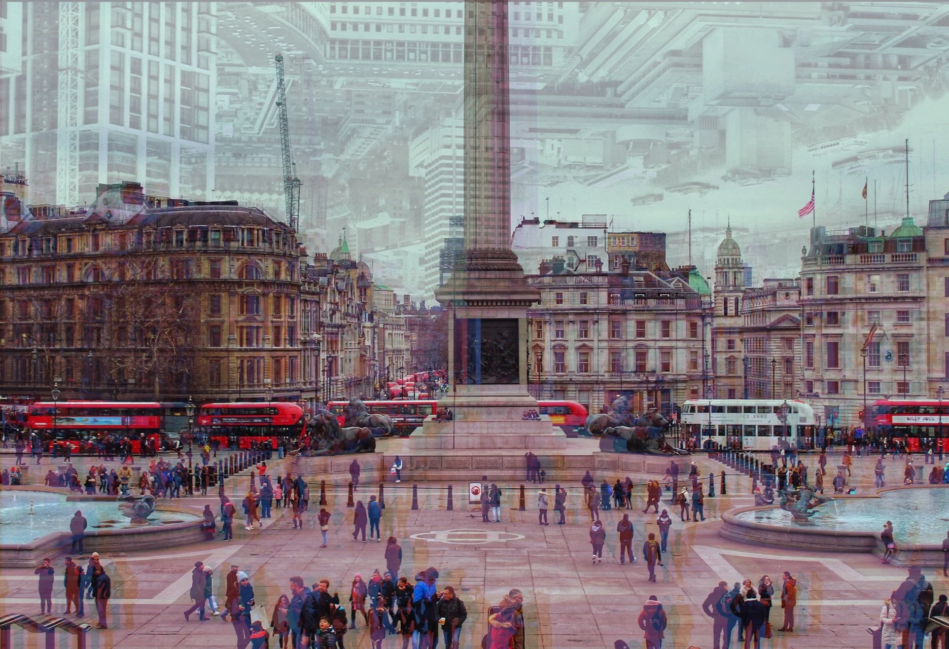 Double exposure photo of Trafalgar Square in London with a cityscape overlaid, featuring Nelson's Column, fountains, buses, and crowds.