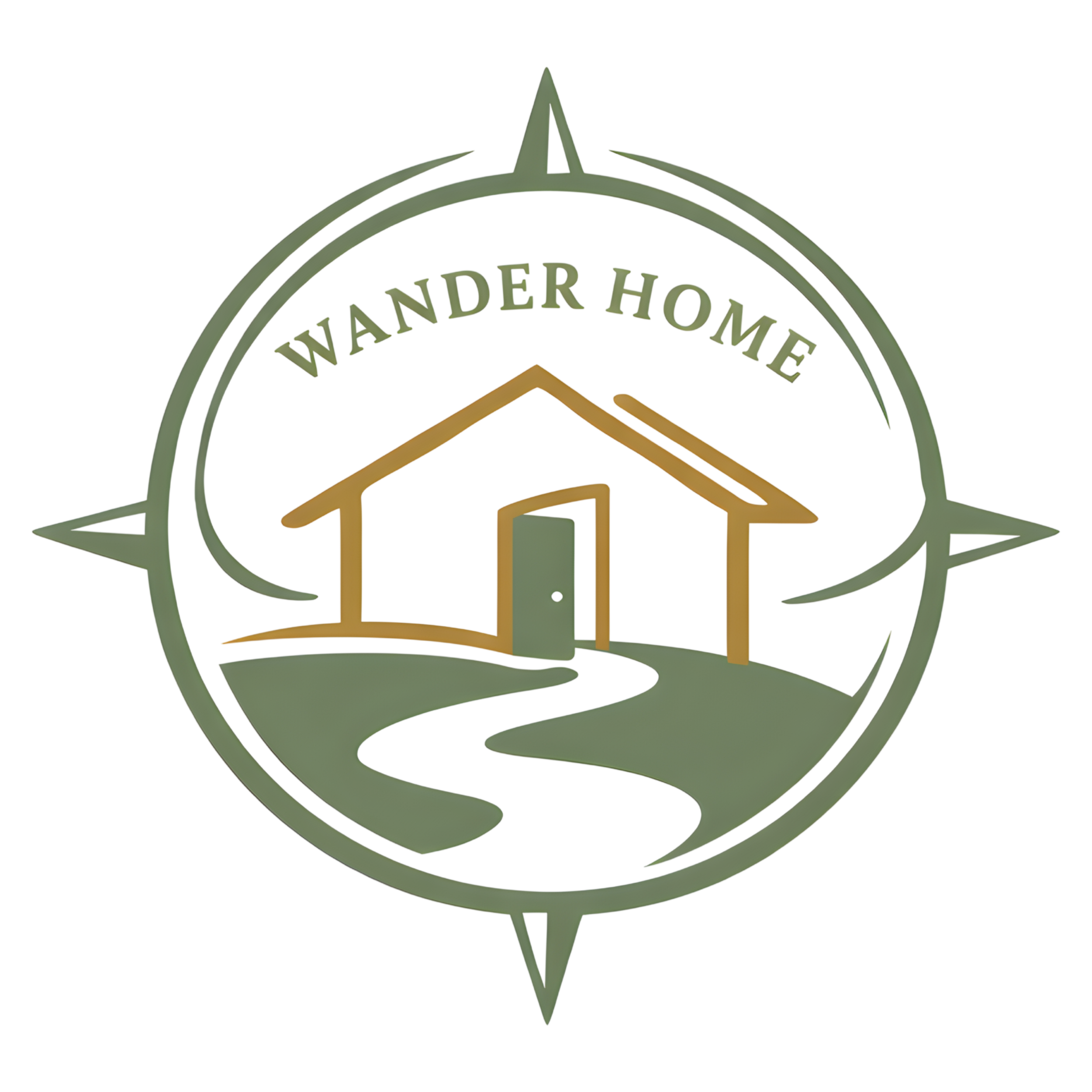 A logo for Wander Home featuring a house with a gray path leading to the door, surrounded by a compass design with the words "Wander Home" at the top.
