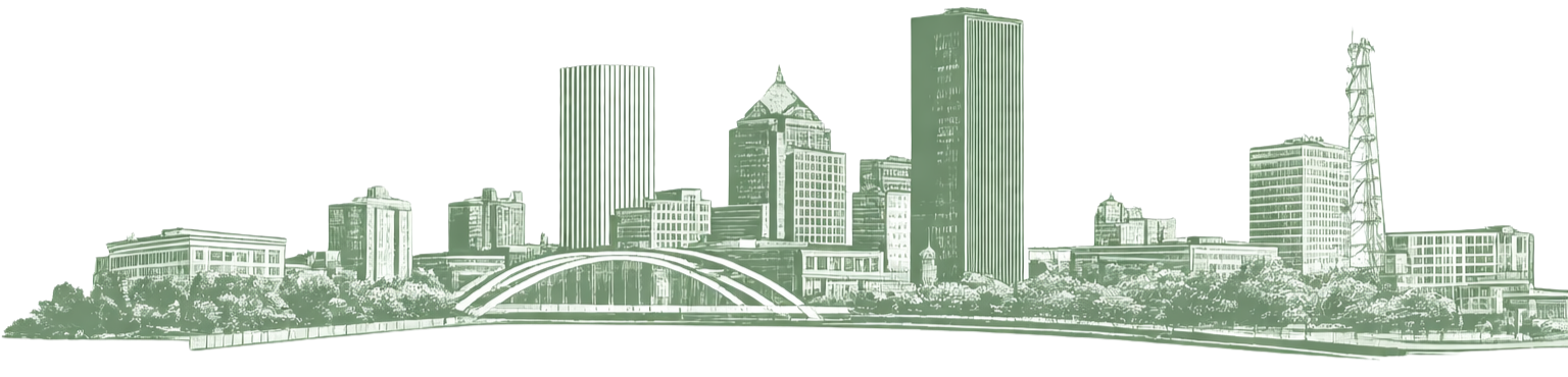 Green city skyline illustration with tall skyscrapers, a bridge, and trees in foreground.
