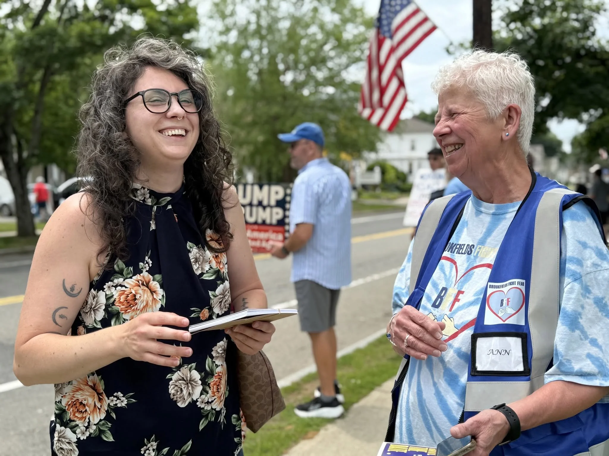 Speaking with Indivisible members on the  West Brookfield Common. 