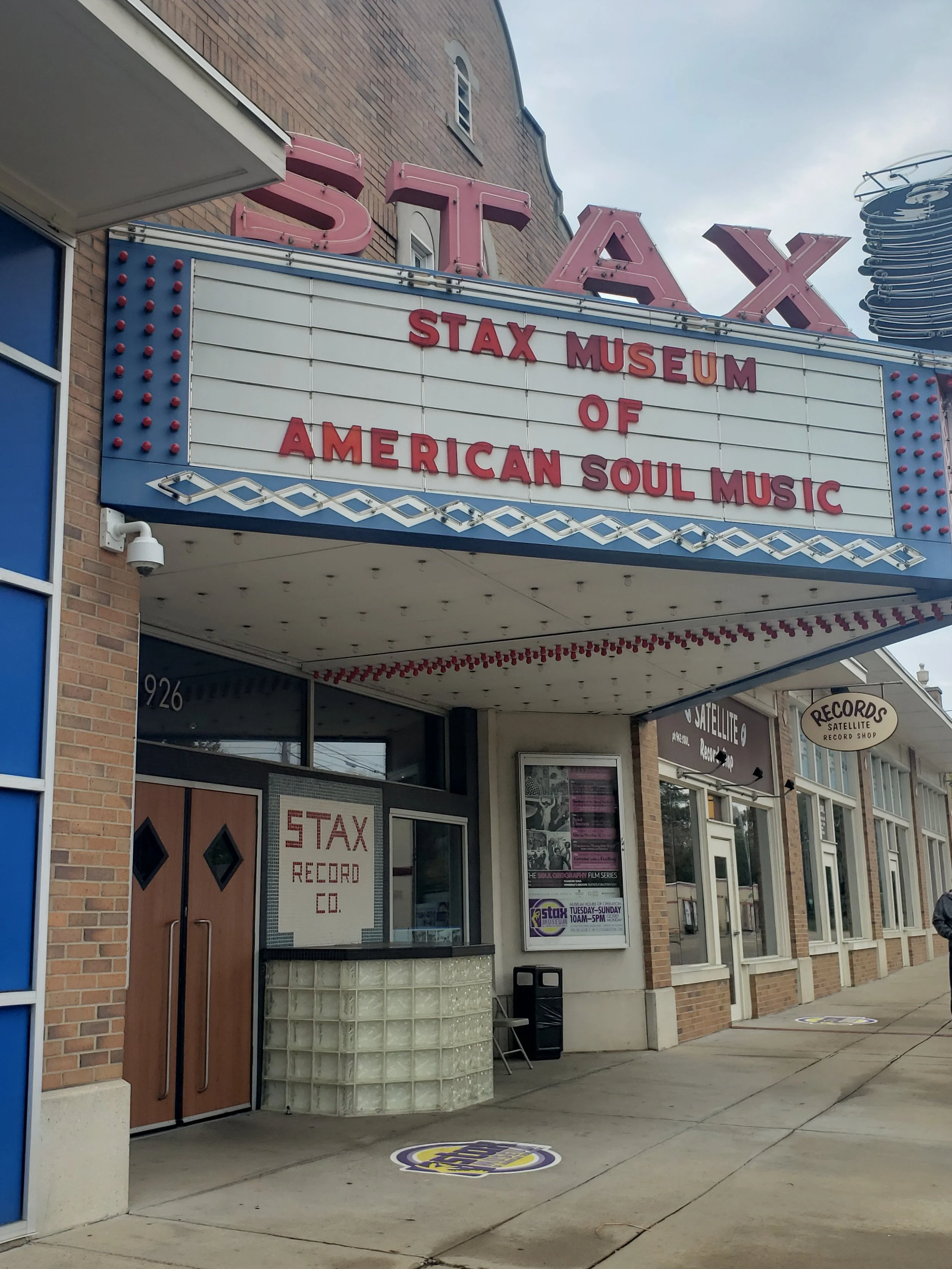 Exterior of the Stax Museum of American Soul Music, with the marquee sign displaying the museum's name, and the entrance to Stax Record Co. beneath it.