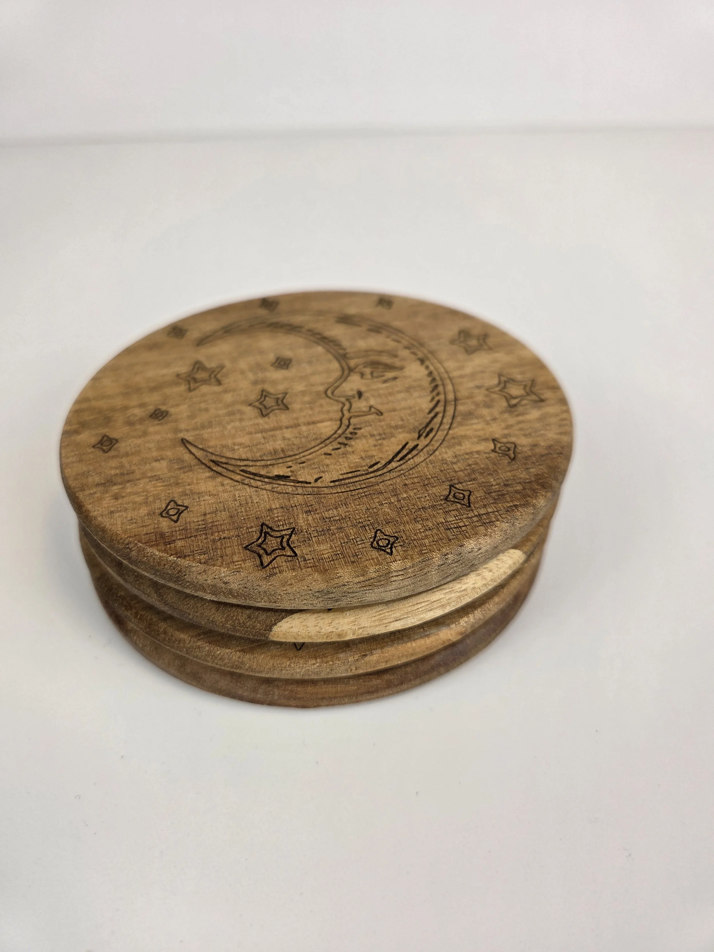 Laser-Engraved Coasters | Moon & Stars | Acacia Wood