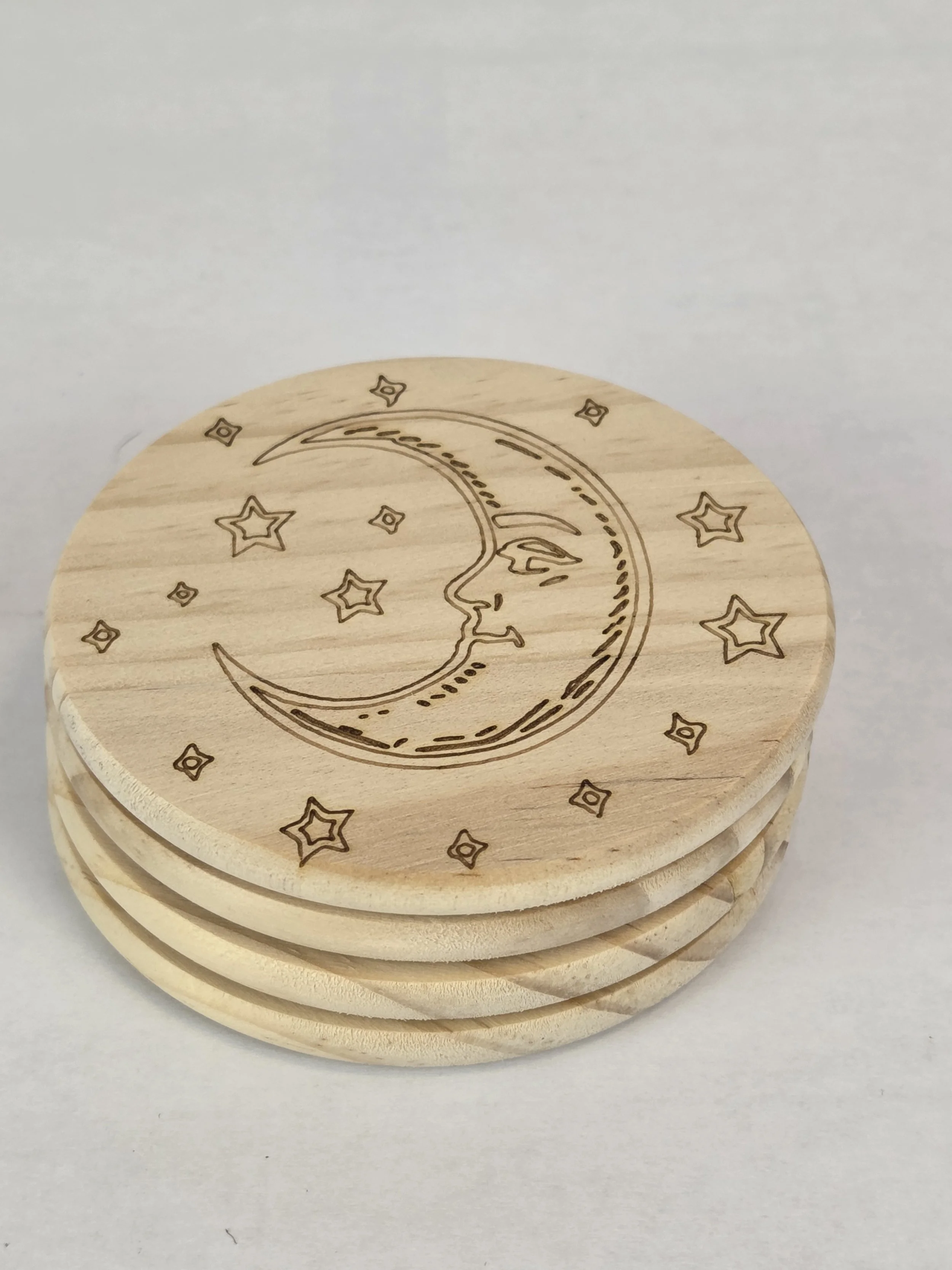 Laser-Engraved Coasters | Moon & Stars | Natural Wood