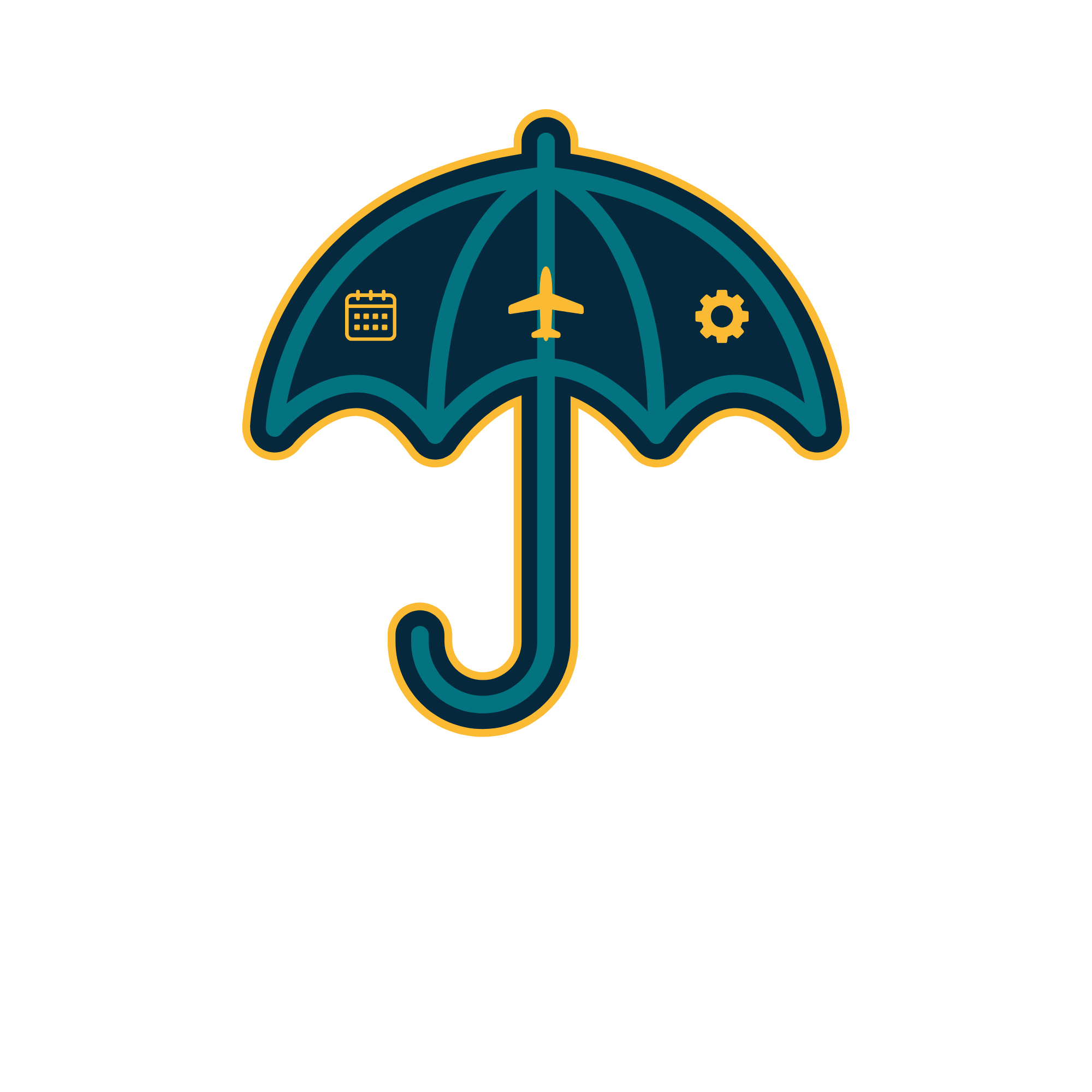 A logo featuring a blue umbrella with icons of a calendar, an airplane, and a gear inside, with the text "MarDor ENTERPRISES" beneath it.