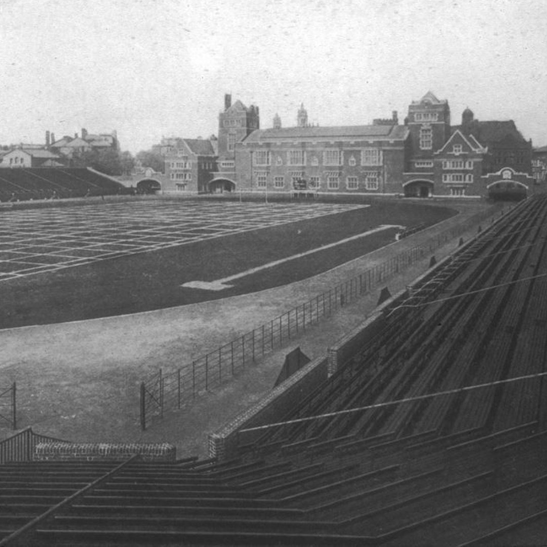 Throwback Thursday takes us through the evolving history of University City 🏛️🕰️. Today we highlight Franklin Field!  This image looking west shows Franklin Field in 1903, eight years after its opening.  It was the first college stadium in the Unit