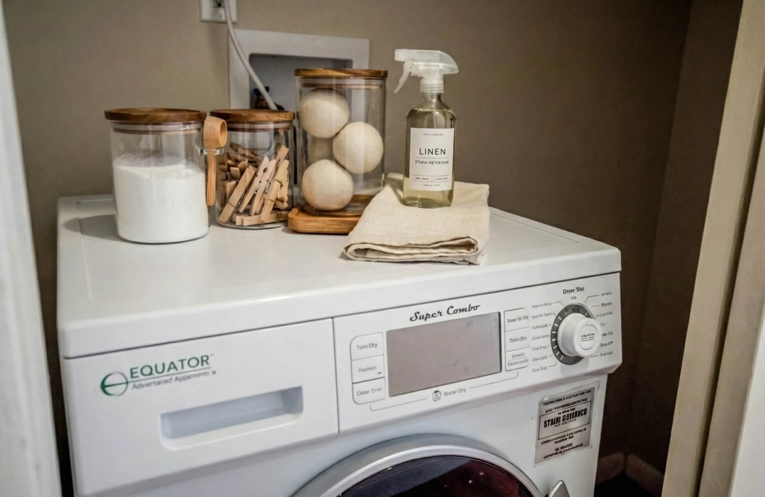 Laundry room with a washing machine, containers of laundry detergent, soap, and clothespins, a spray bottle labeled linen spray, and a folded cloth on top of the machine.