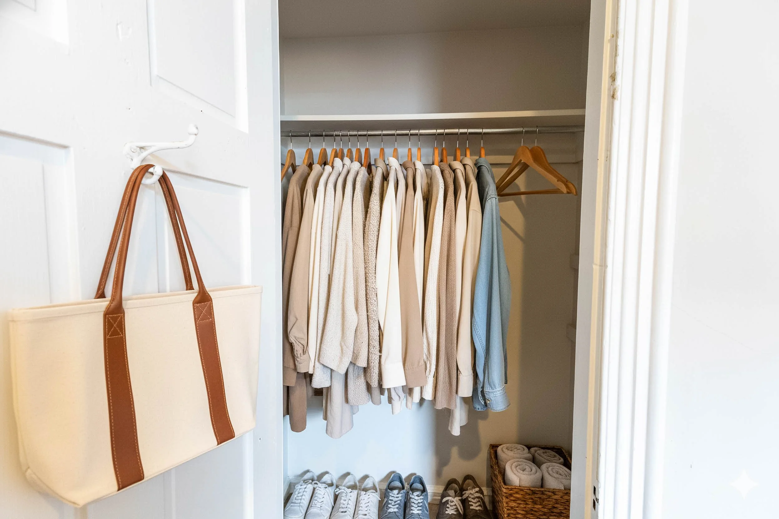 Open closet with beige and blue clothing on wooden hangers, white shoes, gray sneakers, and rolled-up towels in a basket.