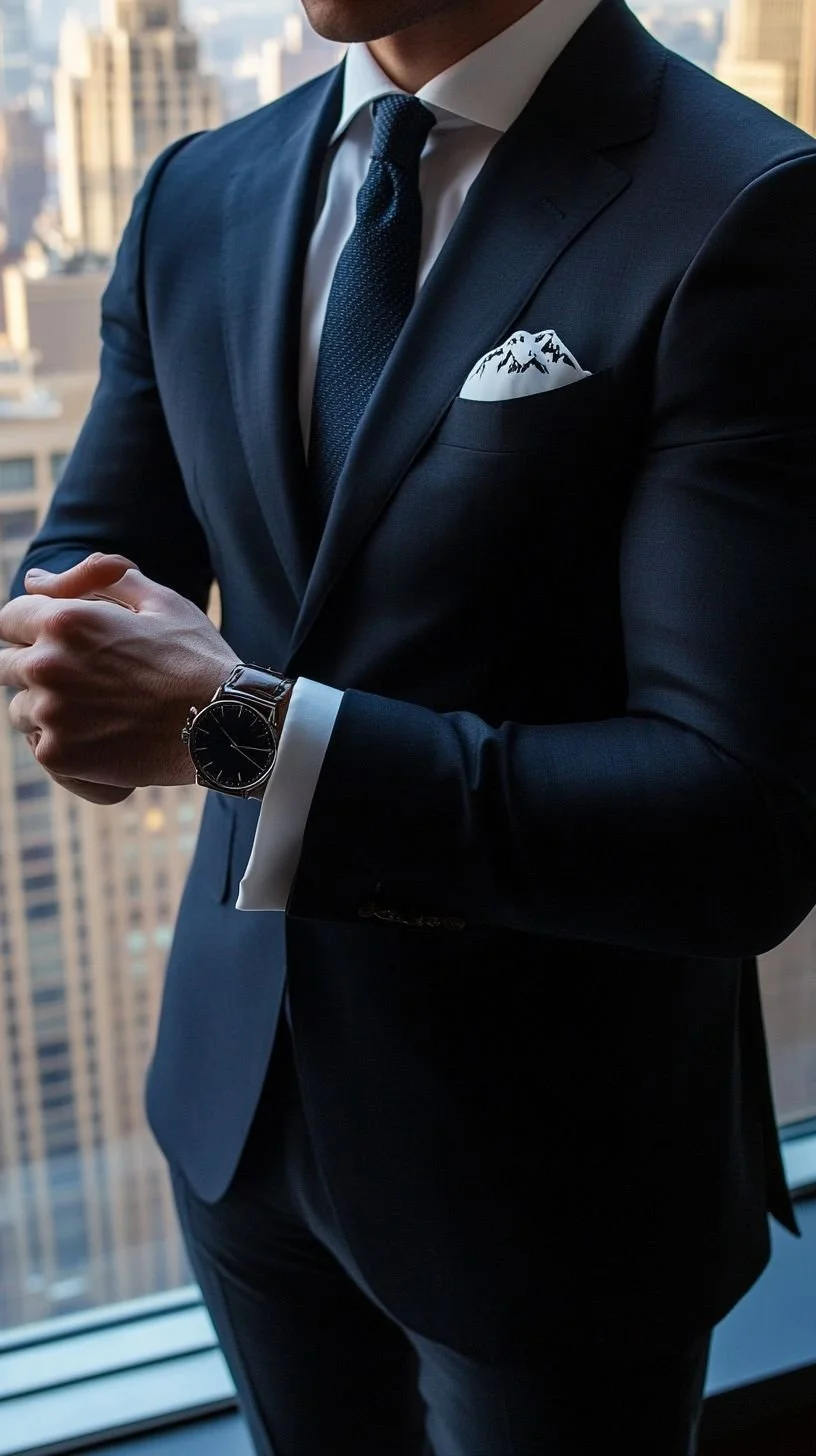 A man dressed in a dark blue suit with a white shirt and blue tie, standing indoors with a city skyline in the background. He is wearing a watch on his left wrist and has a white pocket square with a mountain design in the breast pocket of his suit.