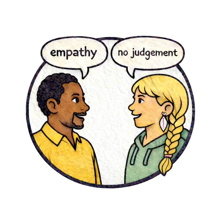 Illustration of a man and woman engaging in a conversation, with speech bubbles above their heads saying 'empathy' and 'no judgment'.