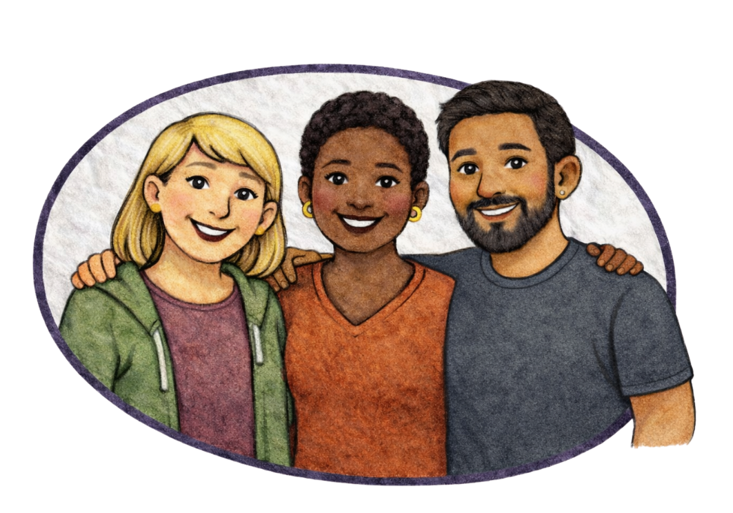 Illustration of three diverse smiling friends with their arms around each other, standing close together in an oval frame.
