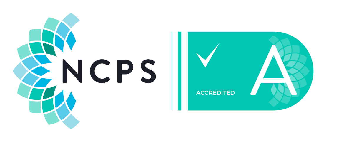 NCPS logo with a colorful geometric design on the left and a teal badge with a white checkmark and large white 'A' on the right, indicating accreditation.
