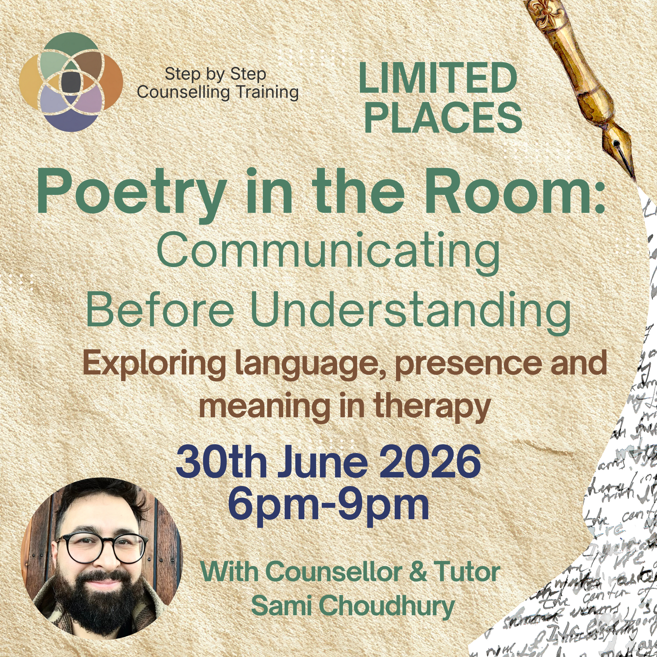 A promotional poster for a counseling training event titled 'Poetry in the Room,' scheduled for June 30th, 2026, from 6 pm to 9 pm, with Counselor and Tutor Sami Choudhury. It includes a logo with overlapping circles, text about the event, and a photo of Sami Choudhury.