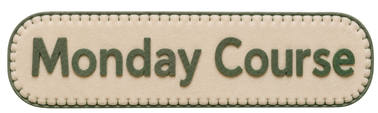 Close-up of a fabric badge with the words 'Monday Course' embroidered in green on a beige background.