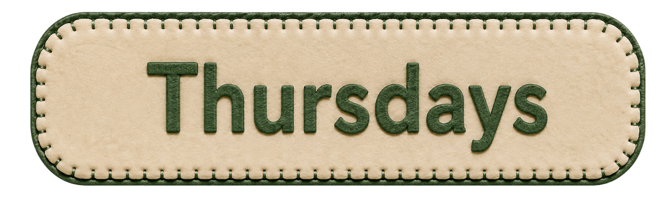 A beige oval-shaped badge with green stitching border and the word "Thursdays" embroidered in green.