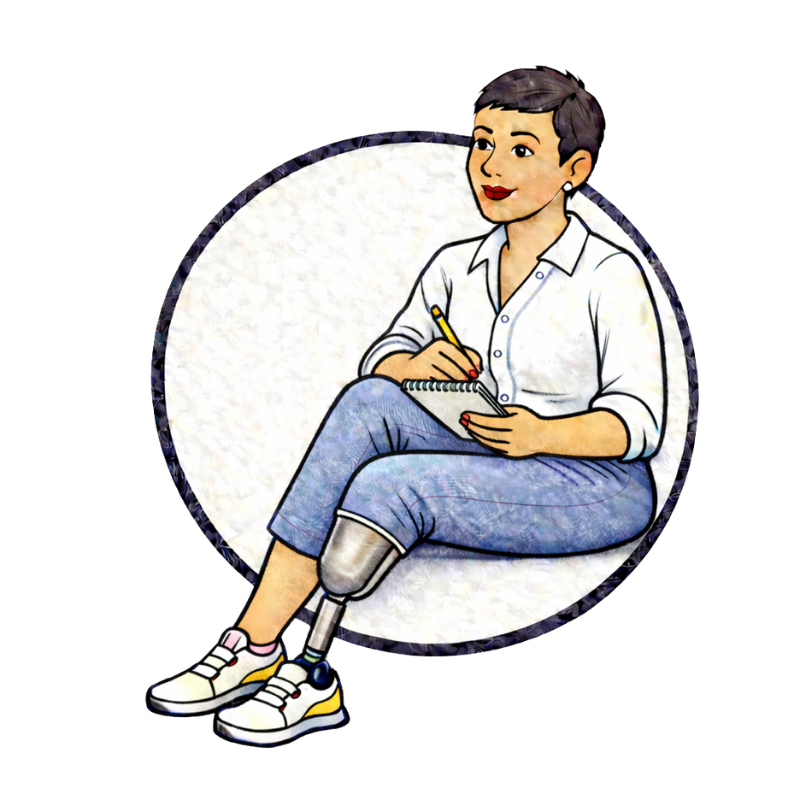 A woman with short hair, wearing a white shirt and jeans, sitting cross-legged with a prosthetic leg, taking notes with a pencil in her right hand.