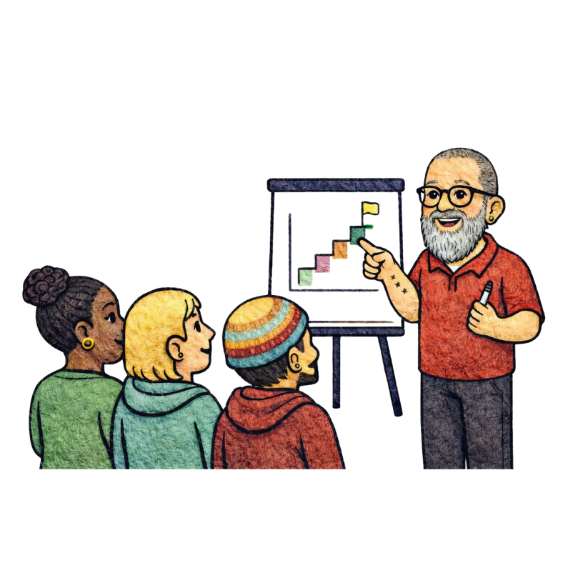 A cartton version of Simon Heath (the owner) with glasses and a beard gives a presentation to three students, pointing at a bar chart on a blackboard.