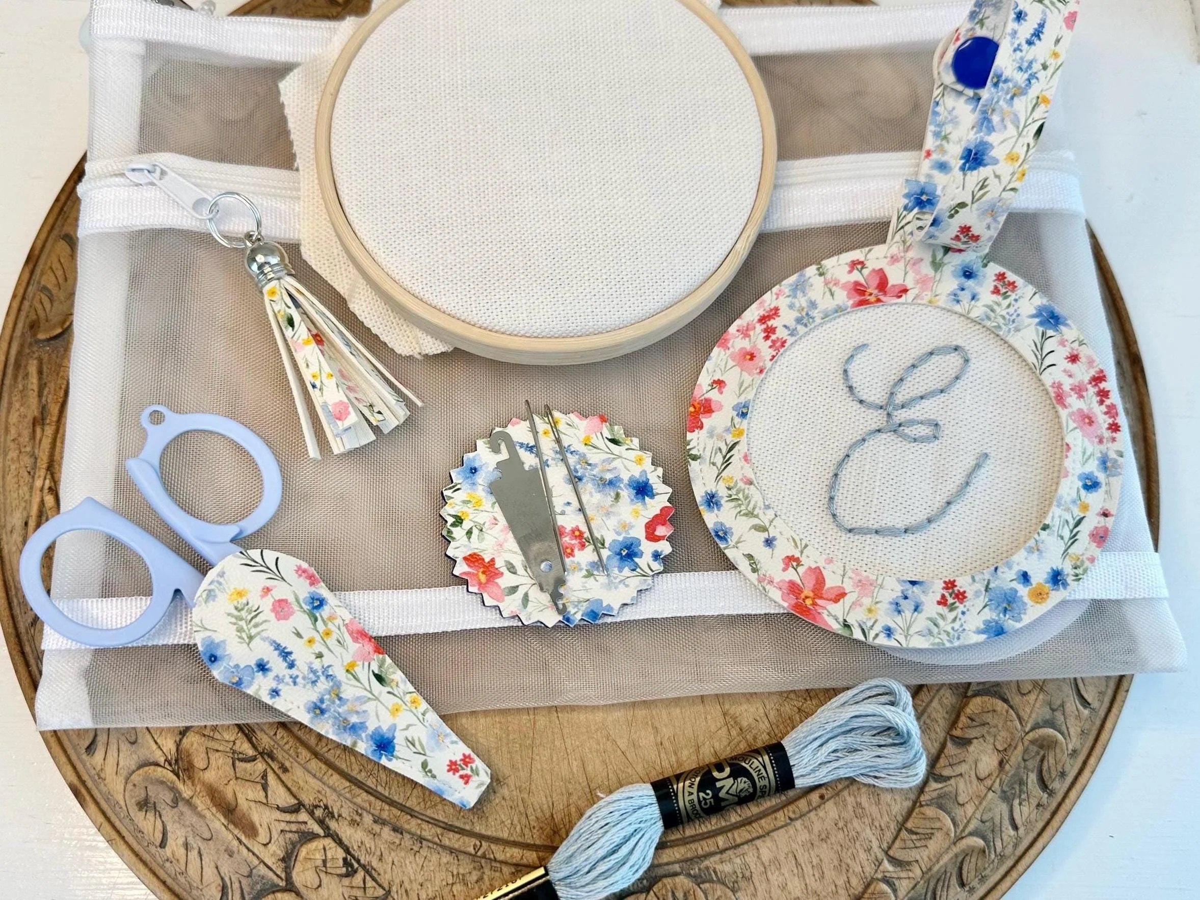 Embroidery Kit with Fabric, Hoop, and Supplies to Make Custom Initial Luggage Tag