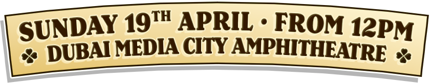 Text banner announcing an event on Sunday, April 19th, starting at 12 PM at Dubai Media City Amphitheatre.