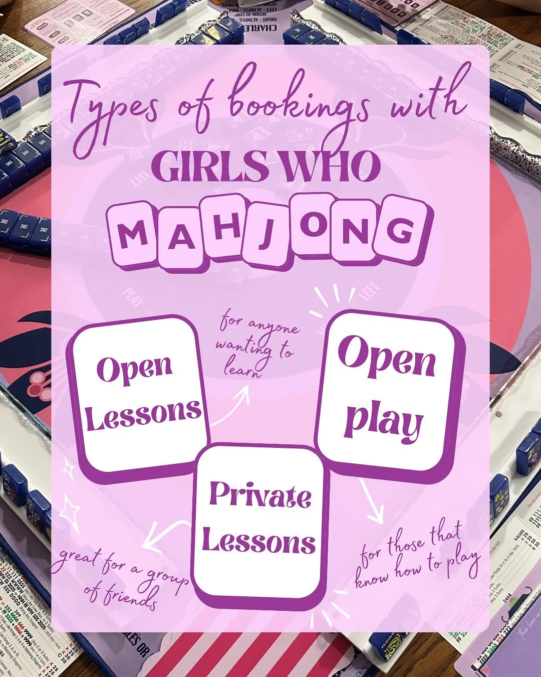 Want to play mahjong with Girls Who Mahjong and don&rsquo;t know where to start? We offer a variety of events for all levels broken down here! Always feel free to reach out with question too ☺️our DMs are open!! #girlswhomahjong #mahjong #dc #dmv #th