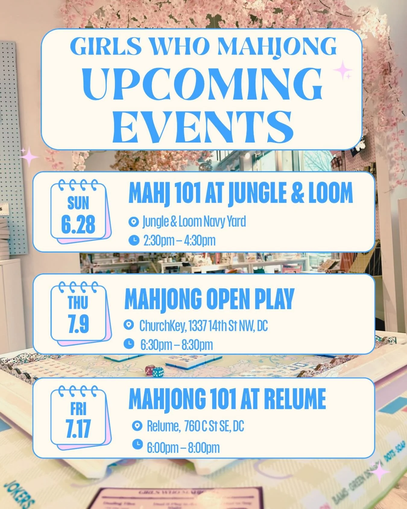 Don&rsquo;t miss these upcoming chances to play mahjong with GWM!! Get your spot now our website! ✨🀄️💙