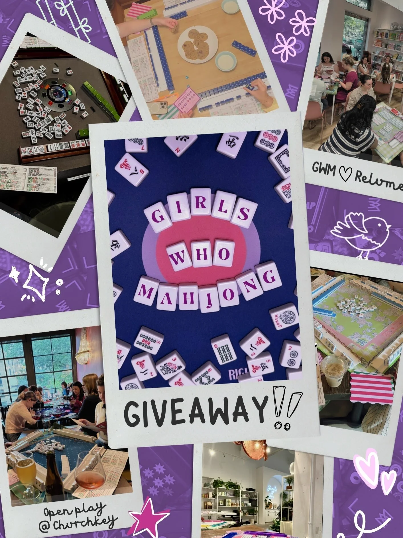 I THINK YALL DESERVE A GIVEAWAY!! 💗

THE PRIZE of your choosing:
A mahjong lesson for you + a friend
OR
A &ldquo;Golden Ticket&rdquo; (aka free entry) to open play events through the end of the year* 

HOW TO ENTER:
✅ Follow @girlswhomahjong
✅ Like 