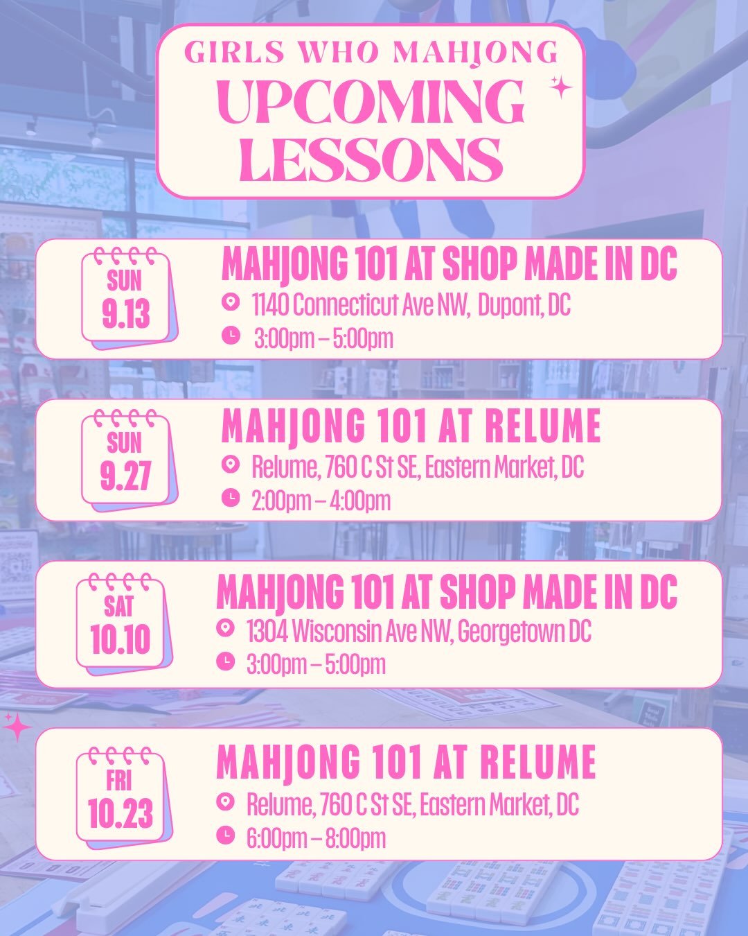 Don&rsquo;t miss out on our upcoming mahjong lessons and open plays! Sign up with the link in bio 💗 #mahjong #thingstodoindc #dc #dmv #mahj