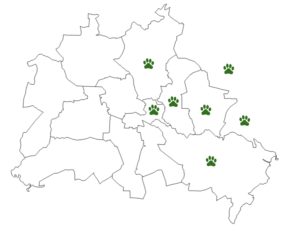 Karte von Berlin mit mehreren Bezirken, die markiert sind mit grünen Hundepfoten-Symbolen, in denen das Hundetraining angeboten wird (Marzahn-Hellersdorf, Lichtenberg, Treptow-Köpenick, Friedrichshain-Kreuzberg, Pankow).