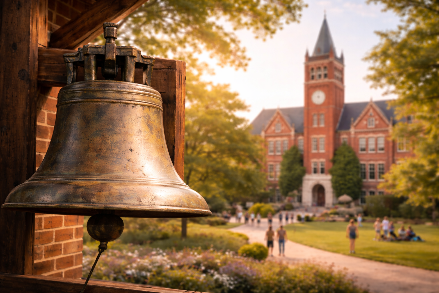 Close-up of an old bronze school bell mounted on a wooden post with a historic red brick building with a clock tower and a clock face in the background, surrounded by trees and people walking on a campus pathway during daytime.
