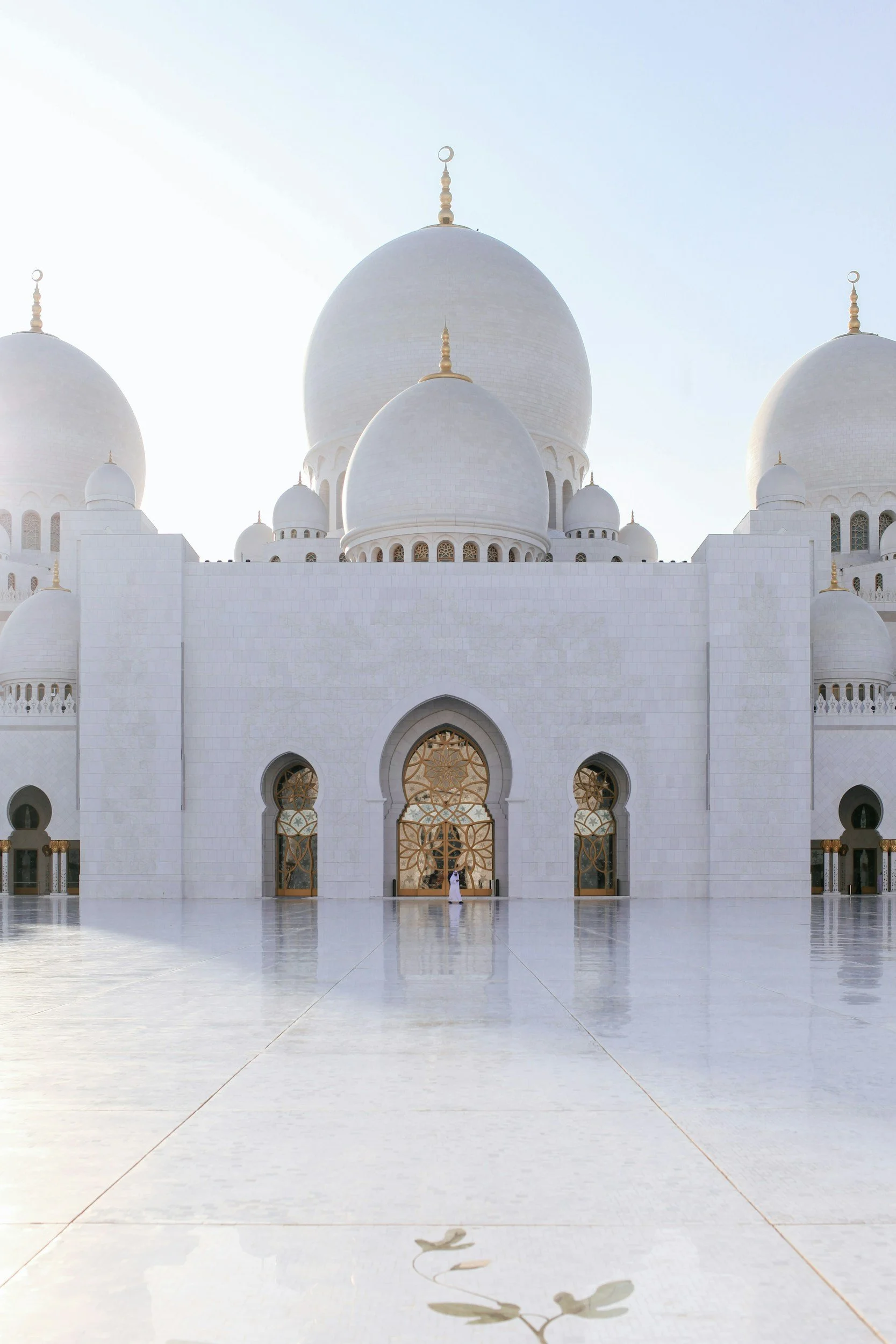 The image depicts the Sheikh Zayed Grand Mosque with its white domes and intricate golden detailing on the doors, reflected on the shiny marble floor. A person stands at the entrance, emphasizing the mosque's grand scale and elegant architecture.