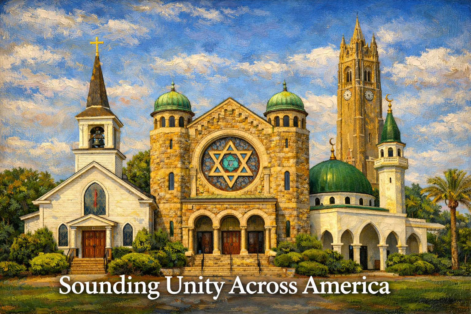 Painted depiction of various religious buildings, including a Christian church with a cross, a mosque with a green dome, and a Jewish synagogue with a Star of David, with the caption 'Sounding Unity Across America' at the bottom.