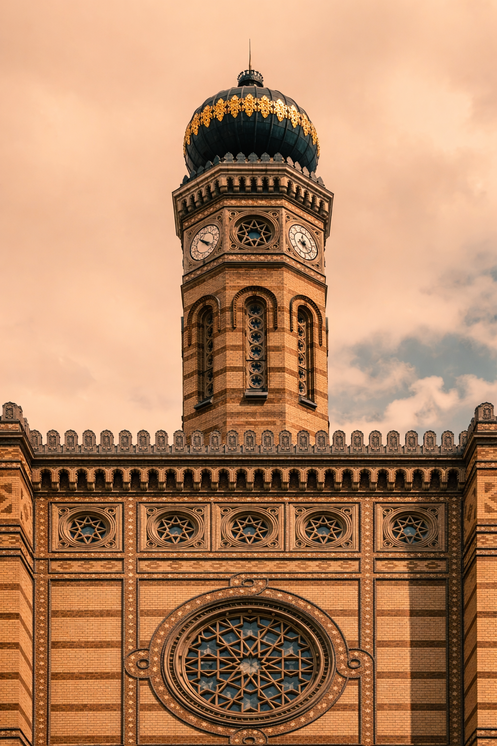 Close-up of a historic clock tower with a dark onion-shaped dome topped with gold accents, against a cloudy sky at sunset.