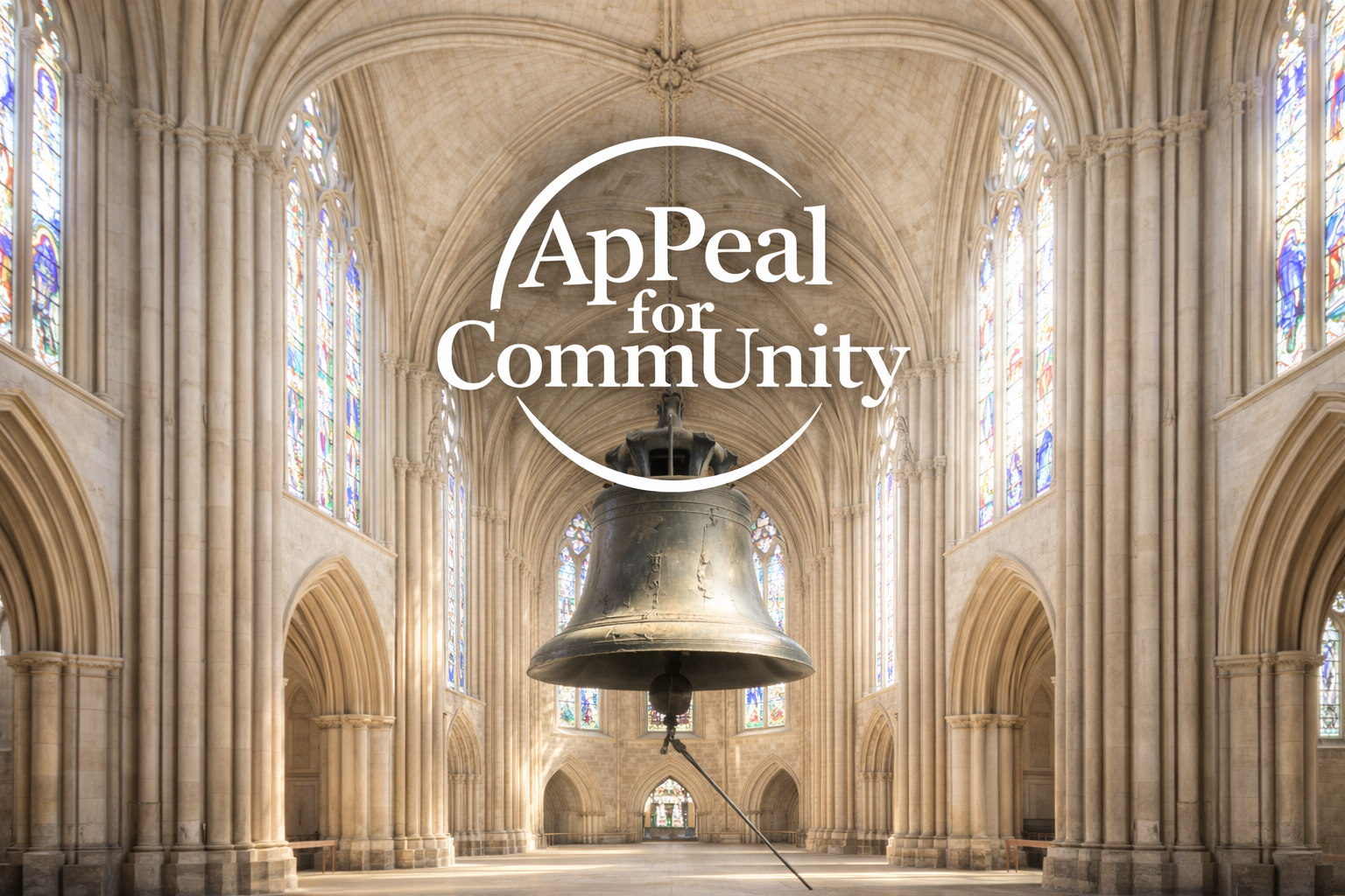 Interior of a cathedral with stained glass windows and a large hanging bell with text overlay that reads "Appeal for Community".