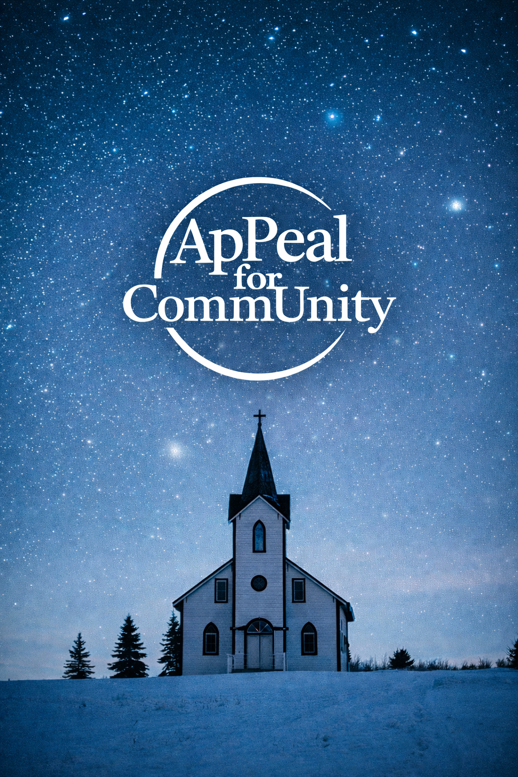 A church with a steeple and cross under a starry night sky with a constellation pattern, overlaid with the text 'Appeal for Community'.