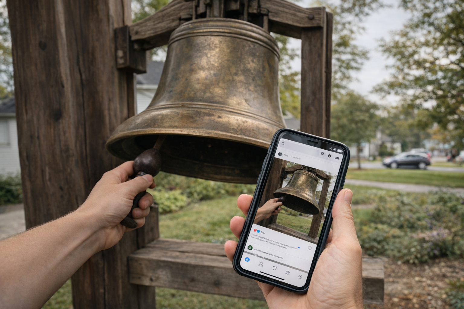 Person ringing a large outdoor bronze bell with a wooden frame, while holding a smartphone capturing the scene, in a park or garden with trees and residential houses in the background.