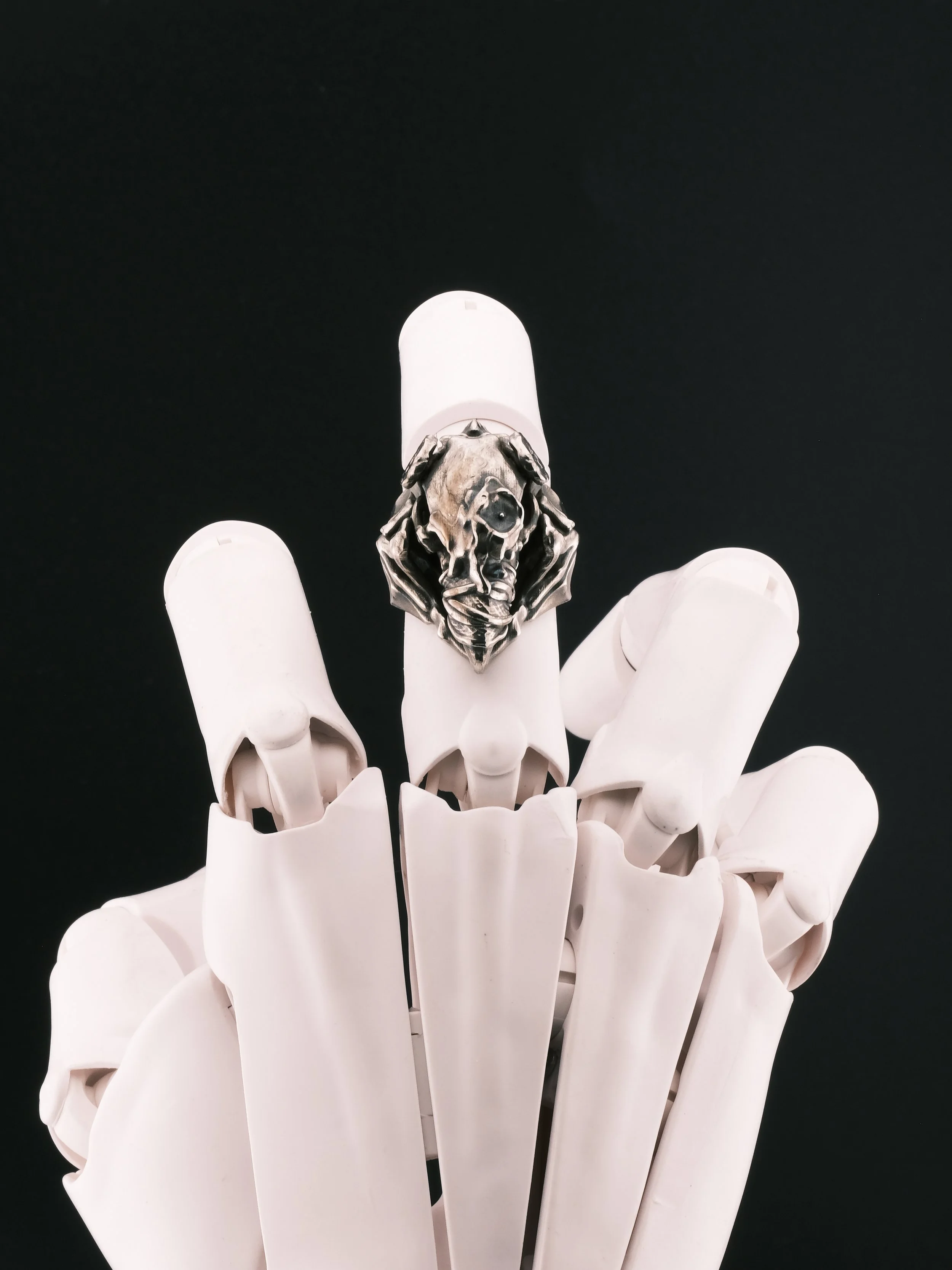 Liangshui Forge Three No Birds Trinity Sanctum Ring - Worn on hand, top view showing bandaged beak, screw at ear, candle wax over eye