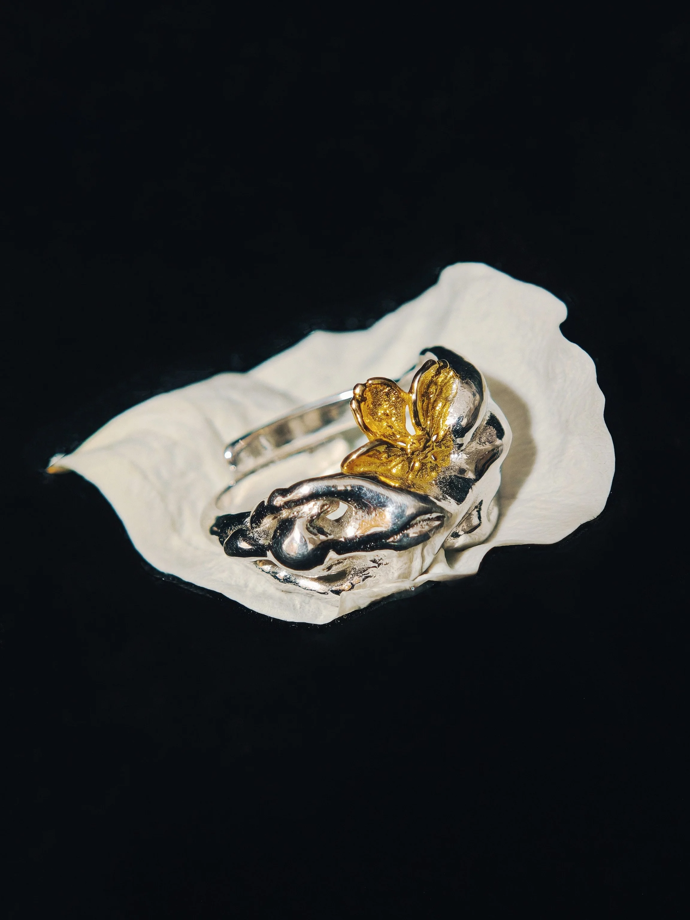 DHG J1 Guardian Hound and Peach Blossom Ring - Side profile view of sculptural brass band