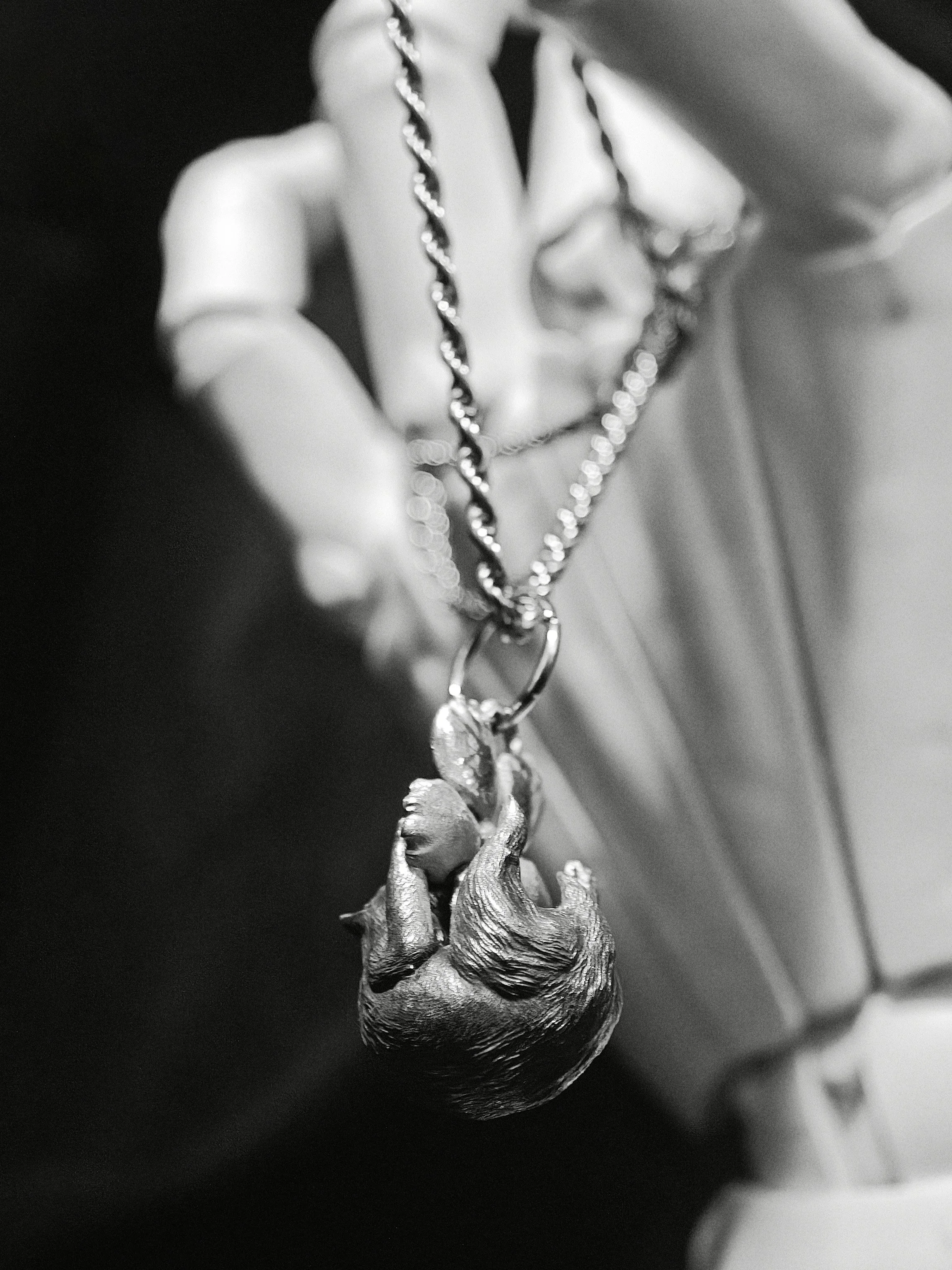 DHG D2 Chow Chow and Peach Blossom Sphere Pendant - Side profile showing sculptural depth of the orb