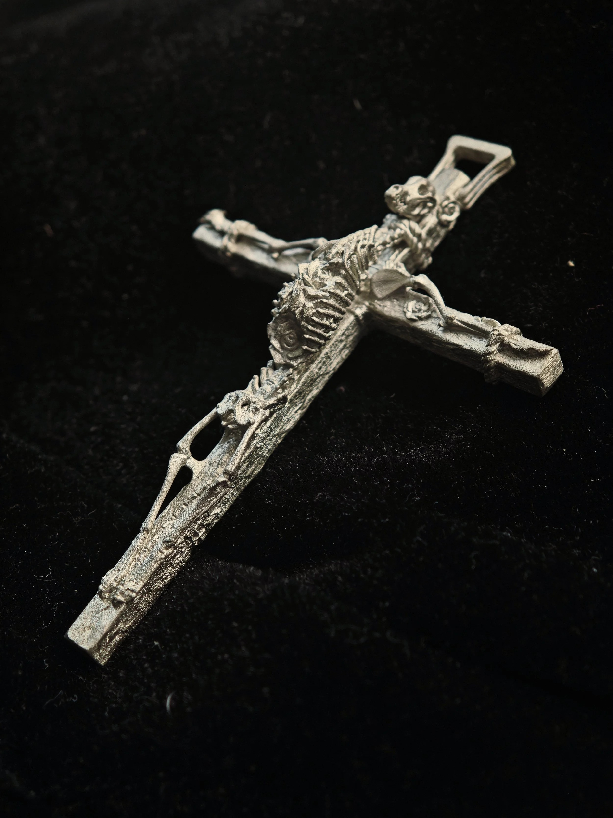 DHG S1 Cross Skeleton Rose Pendant - Full view in sterling silver on tabletop showing monumental 7cm scale