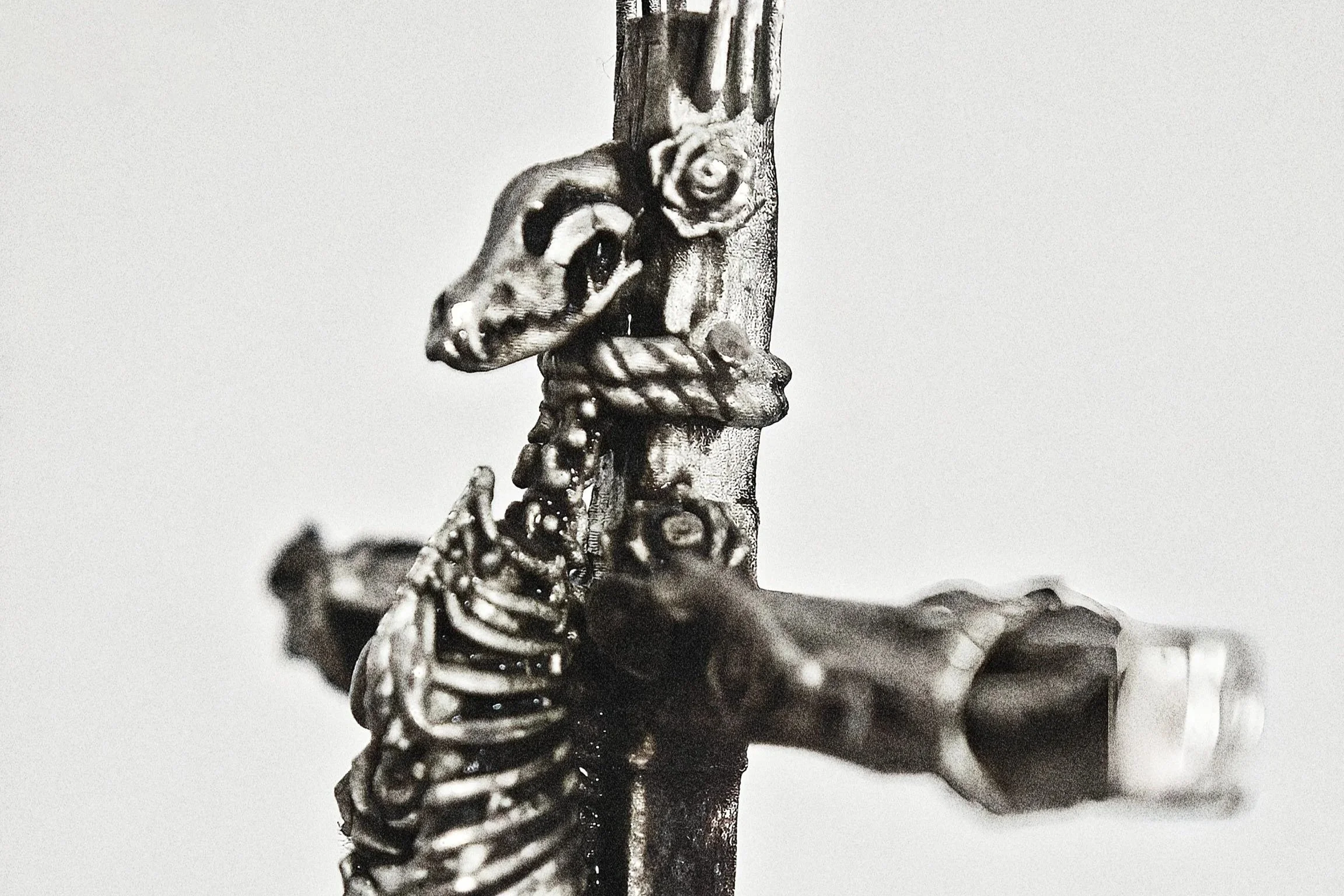 DHG S1 Cross Skeleton Rose Pendant - Close-up in sterling silver showing ribcage and thorn details
