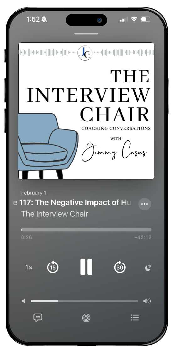 Podcast app playing episode titled "The Negative Impact of H" from "The Interview Chair" hosted by Jimmy Casas, featuring artwork of a blue armchair.