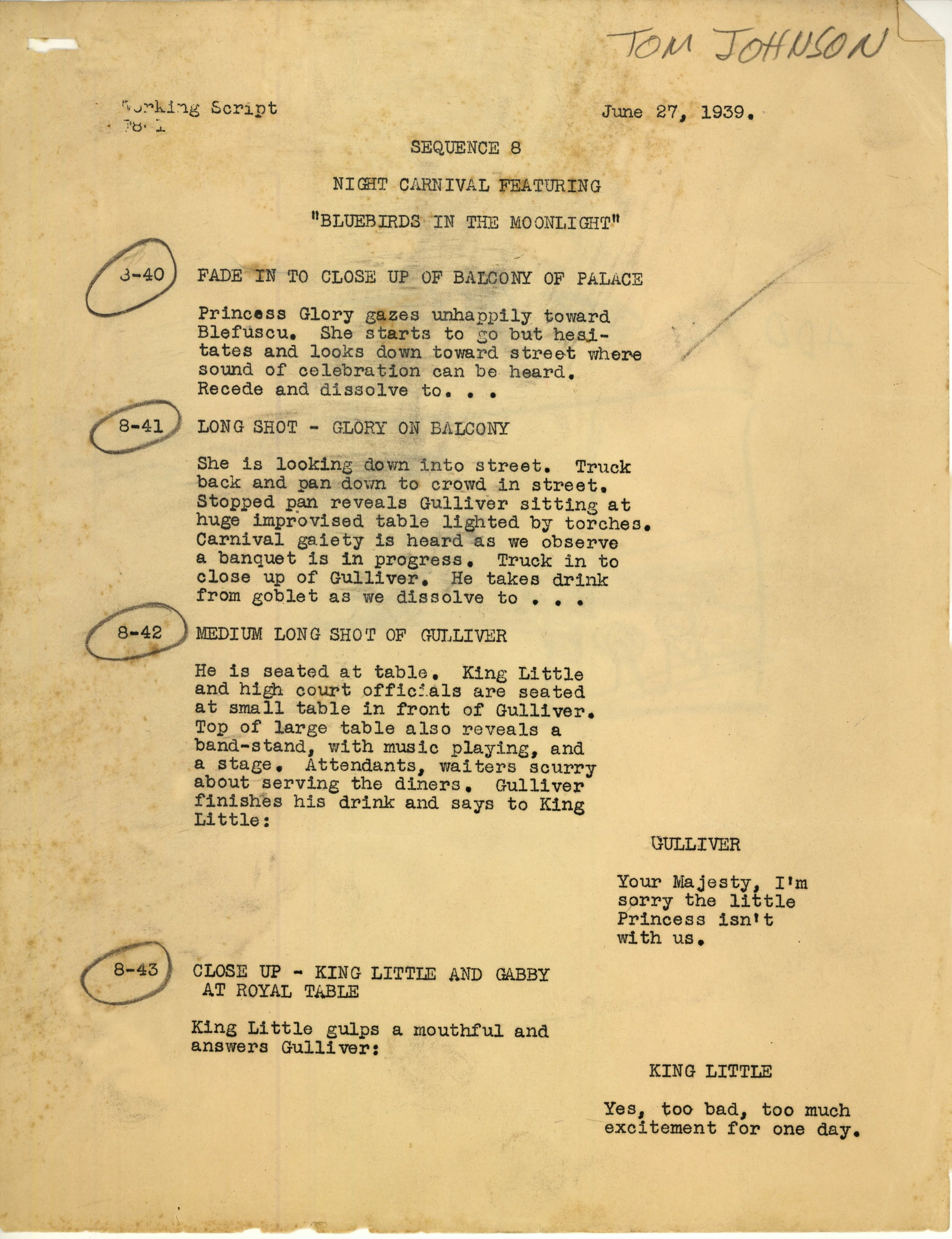 Gulliver working script with notations by head animator Tom Johnson. Fleischer Family Collection.