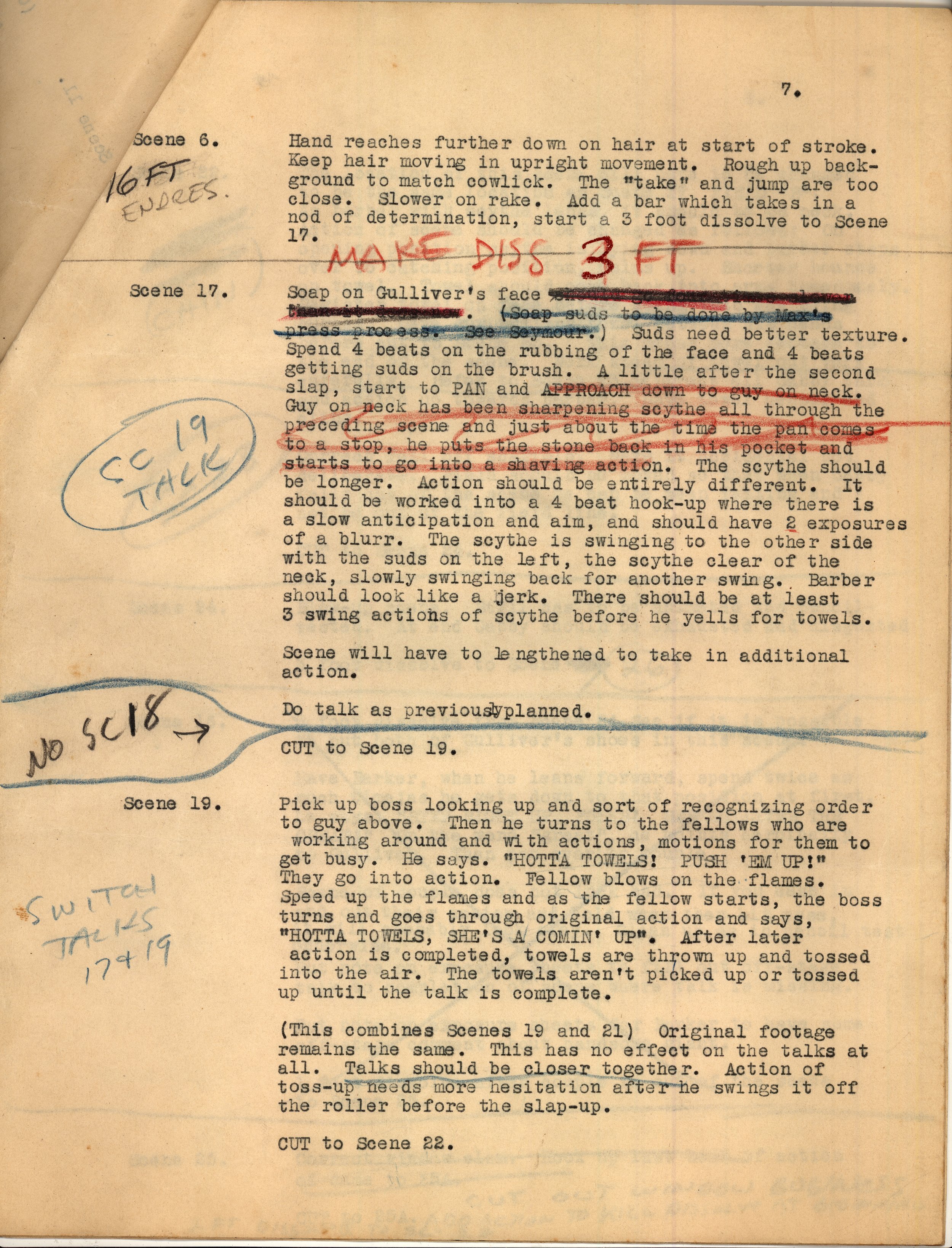 Working script for portion of Sequence 8 with markings for clean-up corrections by Tom Johnson, dated July 9, 1939. Fleischer Family Collection.