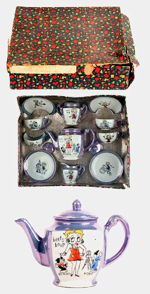 1930s Lusterware Tea Set, 23 pieces – This set is unusual in that Betty’s hair is sometimes blond, orange or black. Although the pieces are marked with the Fleischer Studios copyright, it is unlikely that any authorization was granted. Label on box “