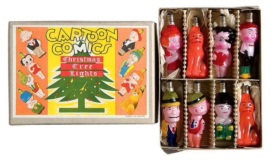 Cartoon Character Christmas Lights - These lights feature popular characters of the day: Andy Gump, Moon Mullins, Kayo, Smitty, Dick Tracy, Annie, Sandy, and Betty Boop. The ornaments are glass and are hand-painted. No date or copyright. Manufacturer