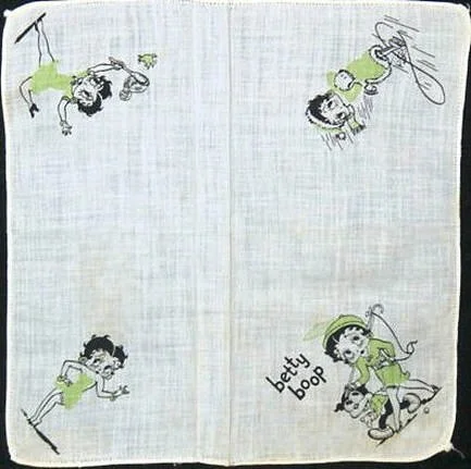 1930s Betty Handkerchief – There are a few image variations on this handkerchief, which is 9 inches square and made of thin cotton with sewn edges all around. There’s always an image in each corner.
