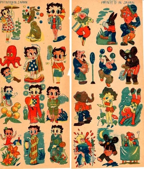 1939 Tattoo/Decal Sheets – The sheet on the left has exclusively Betty Boop images while on the other she shares the sheet with Popeye, Charlie Chaplin and a variety of animals. These were rare until, in the early 1990s, someone found boxes of them i
