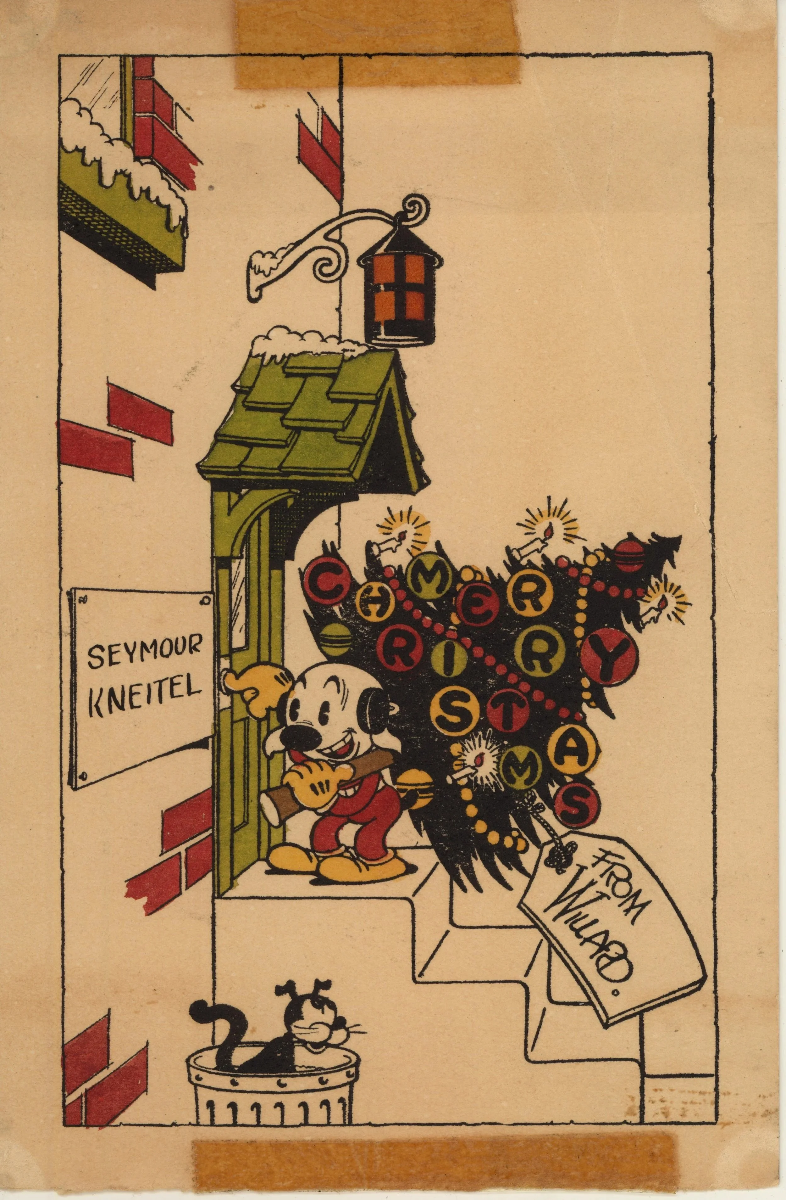 This card from Willard Bowsky, with an early version of Bimbo knocking on the door, has the name of the person destined to receive this card cleverly located on the door sign.